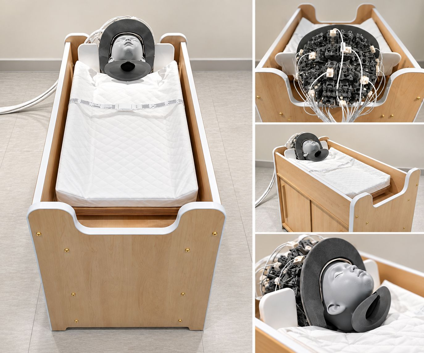 Four views of the dedicated infant bed, fixed sensor helmet and optically pumped magnetometers, demonstrated with an infant mannequin.
