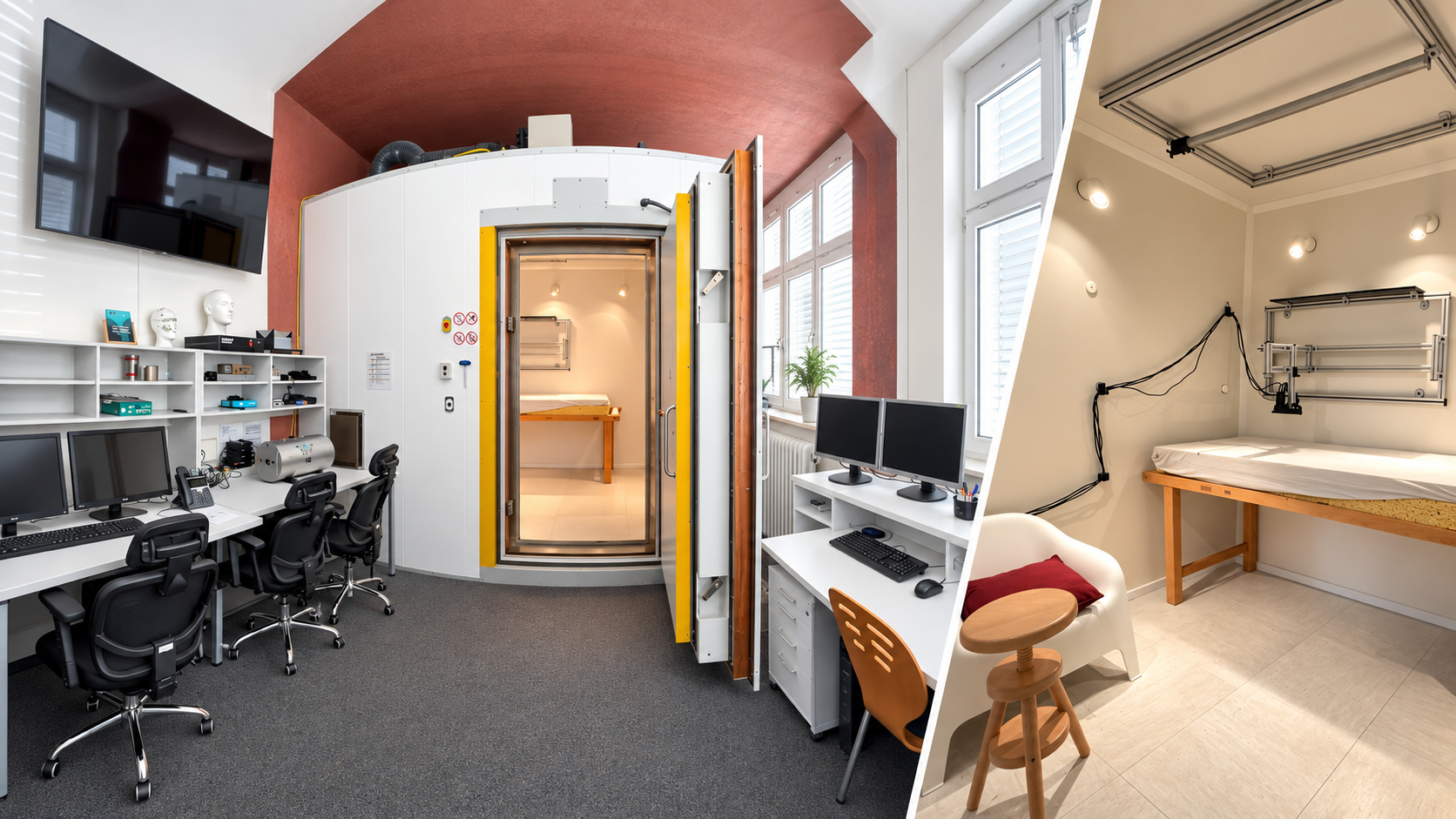 Exterior and interior views of the Kiel Magnetically Shielded Room, showing the open shielding door and measurement area.
